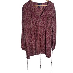 Y2K Venezia Jeans silk Paisley v neck button front tunic blouse with ties 18/20